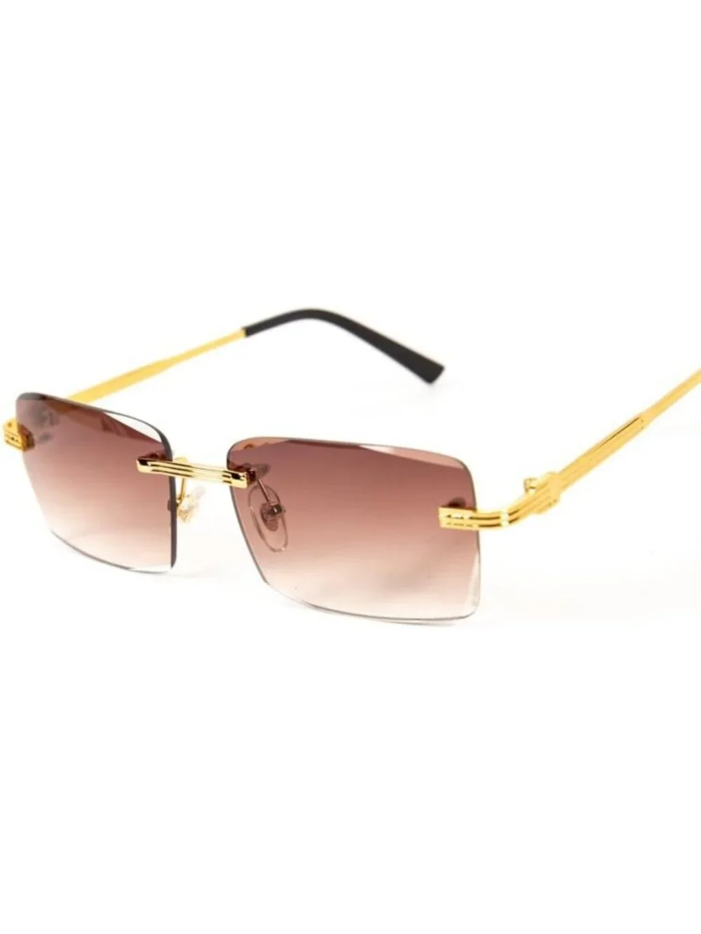 Trendy Retro 90's Rimless Square Sunglasses - Gold Frame, Brown Gradient Tint